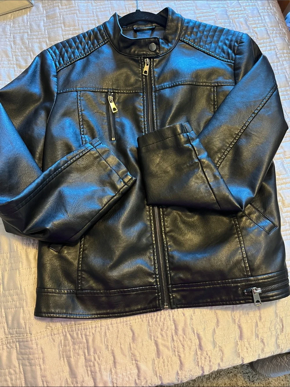 Black Faux Leather Quilted-Shoulder Bomber Jacket